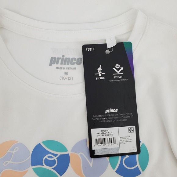 Prince Girls Size Medium Graphic Tennis Tee Pure White Love Tennis Balls - Picture 5 of 8